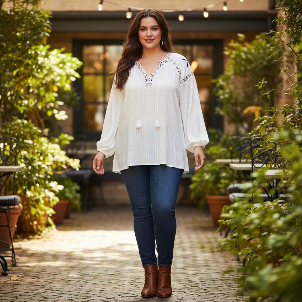 Lane Bryant Size 14/16 Embroidered Peasant Blouse White Boho Tassel Top‎ New - Picture 5 of 16